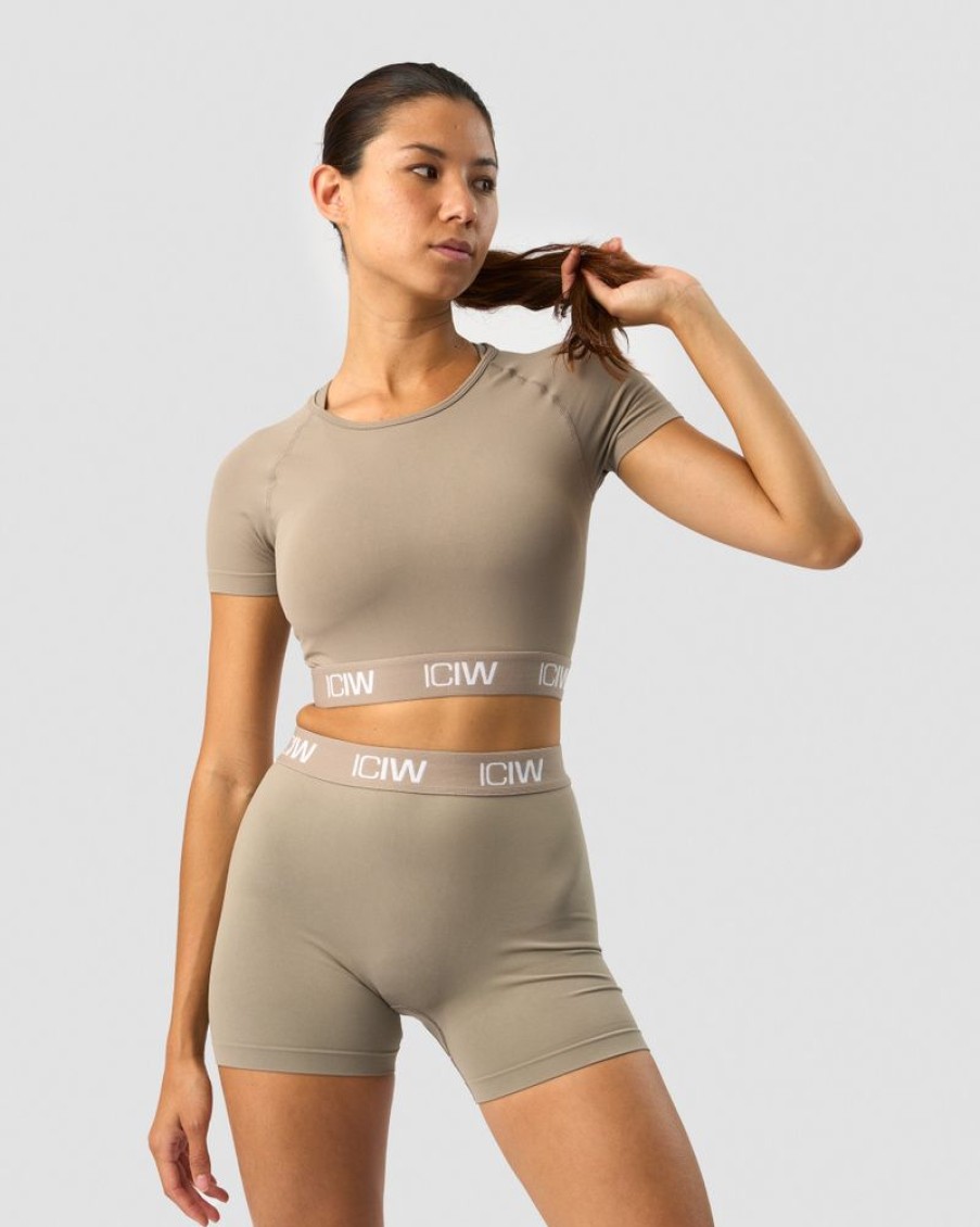 Damer ICIW Seamless Traeningstoj | Define Seamless Logo T-Shirt Crop Top Taupe