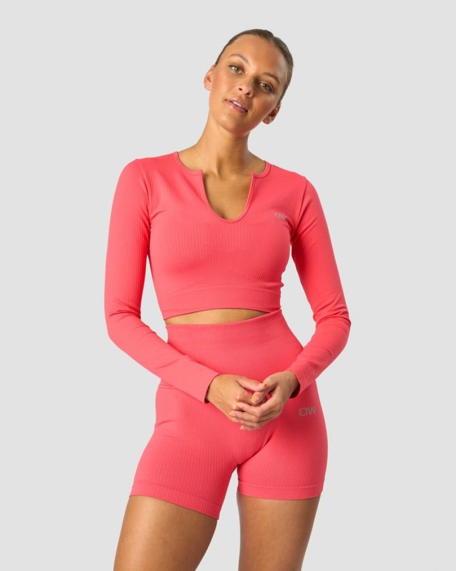 Damer ICIW Seamless Traeningstoj | Ribbed Define Seamless Cropped Long Sleeve Coral Red