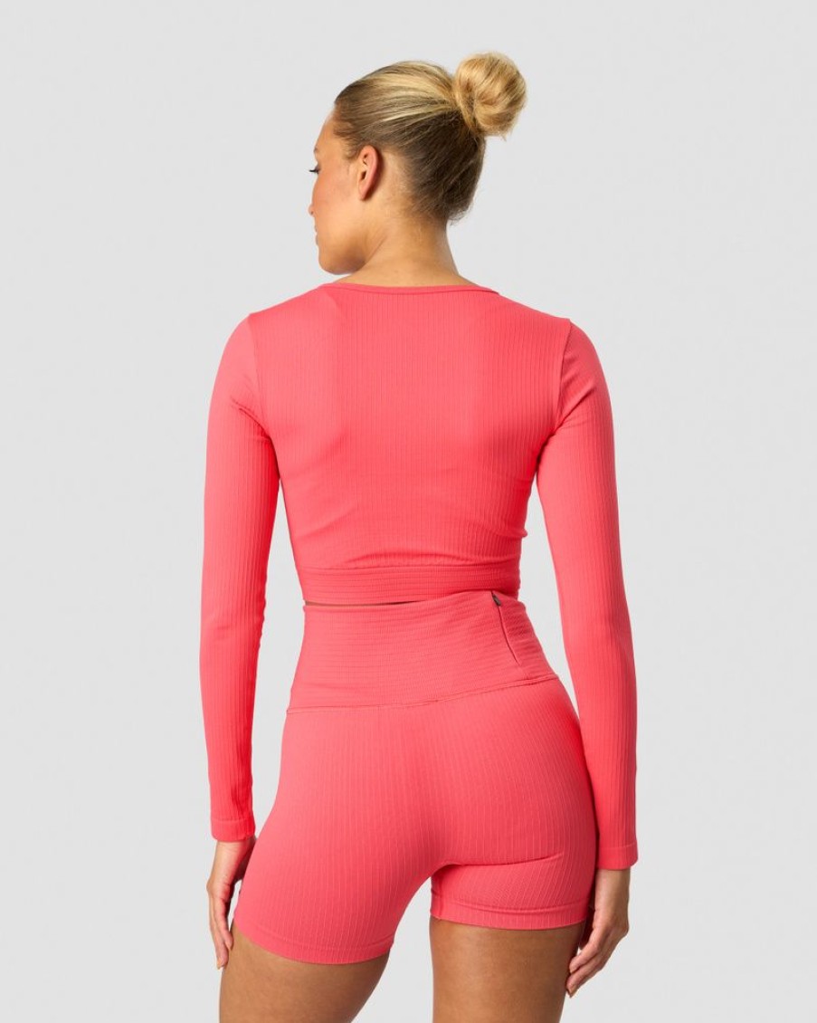 Damer ICIW Seamless Traeningstoj | Ribbed Define Seamless Cropped Long Sleeve Coral Red